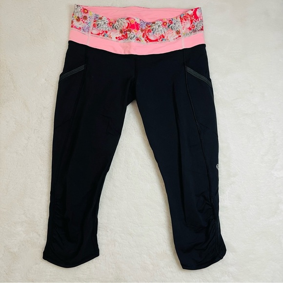 lululemon Cropped Black and Pink Floral Waistband Leggings - Picture 1 of 10
